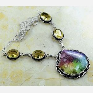 New Rainbow Solar Quartz Agate Druzy & Citrine 925 Silver Necklace.